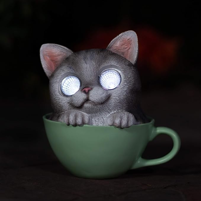 Blazin Cat Figurines | Solar LED Outdoor Garden Decor | Cat Statue Decor | Light Up Decorative Statue Accents Yard, Patio, Lawn, Deck (Grey, 1 Pack)