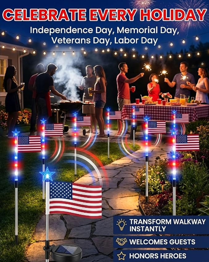 8 Piece Solar US Flag Light Set, American Flags Pole Pathway Lights, Outdoor Garden IP66 Waterproof Patriotic LED Star Stake with 8 Lighting Modes for 250th Anniversary, 4th of July Decoration