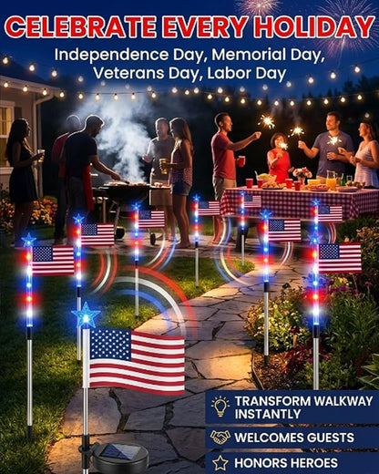 8 Piece Solar US Flag Light Set, American Flags Pole Pathway Lights, Outdoor Garden IP66 Waterproof Patriotic LED Star Stake with 8 Lighting Modes for 250th Anniversary, 4th of July Decoration