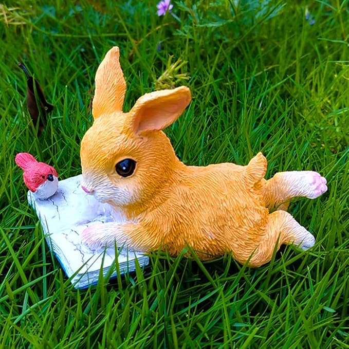 Cute Bunny Reading Book Statue Garden Decor, Resin Rabbit Figurine Sculpture Indoor Outdoor Easter Spring Decoration for Home Patio, Yard, Lawn, Porch Ornaments