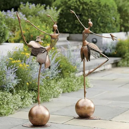Garden Metal Statue Outdoor Dancing Girl Bird Art Farmhouse Footpath Yard Ornament Sculpture Vintage Style (B, One Size)
