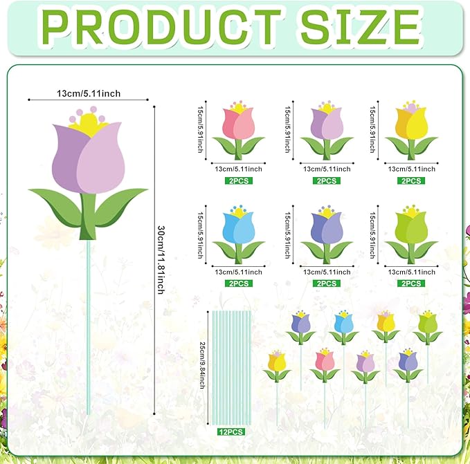 Cinrobiye 12Pcs Spring Floral Flower Planter Stakes Tulip Daisy Pot Signs 5.9Inches Colorful Floral Garden Stake Outdoor Lawn for Spring Party Patio Yard Outside Greetings Home Farmhouse Decor