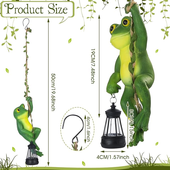 Kathfly Solar Light Hanging Frog Figurine with LED Lantern 7.48 Inch Waterproof Resin Cute Frog Climbing on Vine with Hook for Yard Garden Wall Decor Mother's Day Housewarming Gift