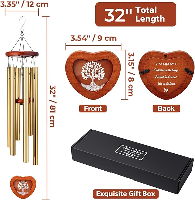 32'' Memorial Wind Chime with Wooden Photo Frame - Personalized Wind Chimes for Loss of Family, Friend, or Pet, Deep Tone Sympathy Chimes for Indoor or Outdoor Decor, Garden, Patio Memorial - Gold