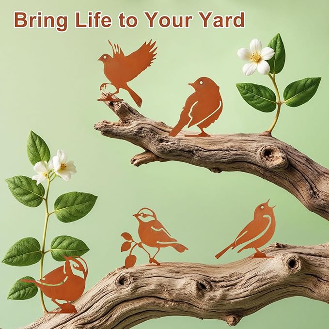 5PCS Metal Birds Fence Decoration, Outdoor Rusty Birds Garden Sculptures and Yard Art, Craft Statue Ornaments Rustic Farmhouse Garden Decor (Style 2)