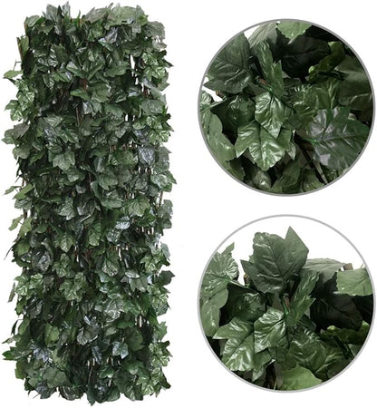 LANDGARDEN Artificial Leaf Faux Ivy Expandable/Stretchable Fence Privacy Screen (Single Sided Leaves) (4, Dark Green)