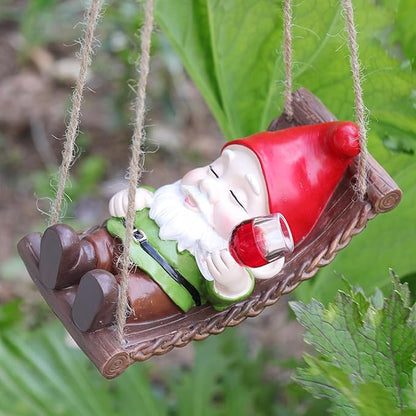 Hanging Garden Gnome Decor - Funny Gnome with Wine Glass on Hammock, Resin Outdoor Statue for Tree, Patio, Yard, Lawn, Balcony, Unique Garden Gifts for Mom, Women, Housewarming, Christmas Decorations