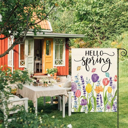 AVOIN colorlife Hello Spring Tulip Lavender Garden Flag 12 x 18 Inch Double Sided, Seasonal Flower Yard Outdoor Flag