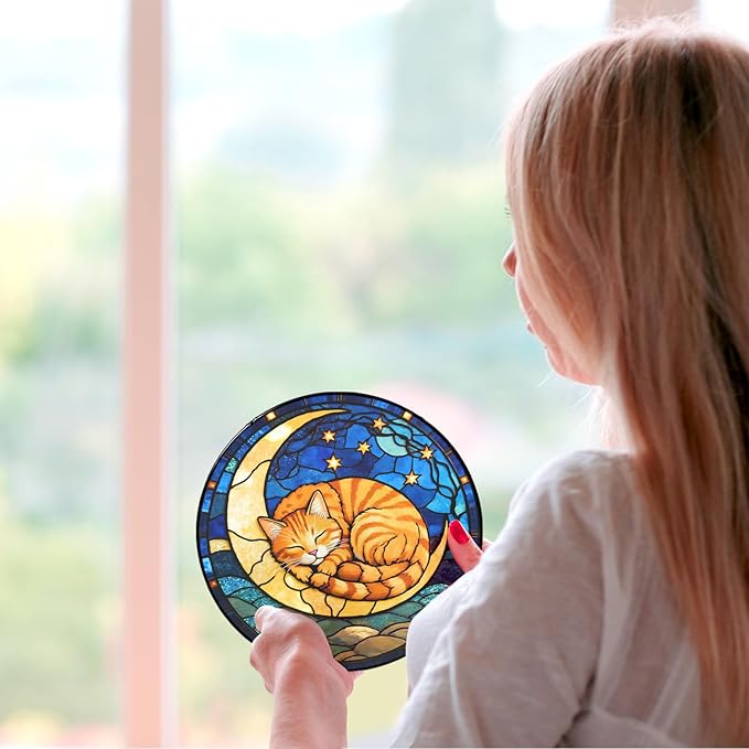 Cat Stained Glass Suncatcher, Sleeping Orange Cat on Yellow Moon with Stars Floral Round Window Hanging, Light Catcher Home Decor Gift for Cats Lovers Women Wife Mom Christmas Birthday 7.8 in