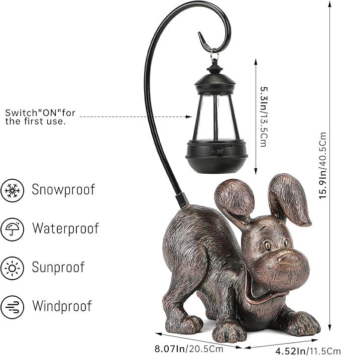 Laughing Dog Figurine with Solar-Powered LED Light 15.9 Inch Tall Antique Bronze, Perfect for Gift Garden Decor or Housewarming for Dog Lovers