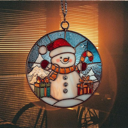 Cute Snowman Giving Presents Mosaic Acrylic Suncatcher Stained Glass Effect Window Car Hanging Christmas Ornament Indoor Outdoor Decor Garden Sun Catcher Panel for Women Mom Grandma