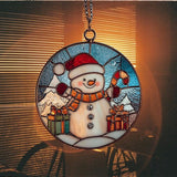 Cute Snowman Giving Presents Mosaic Acrylic Suncatcher Stained Glass Effect Window Car Hanging Christmas Ornament Indoor Outdoor Decor Garden Sun Catcher Panel for Women Mom Grandma
