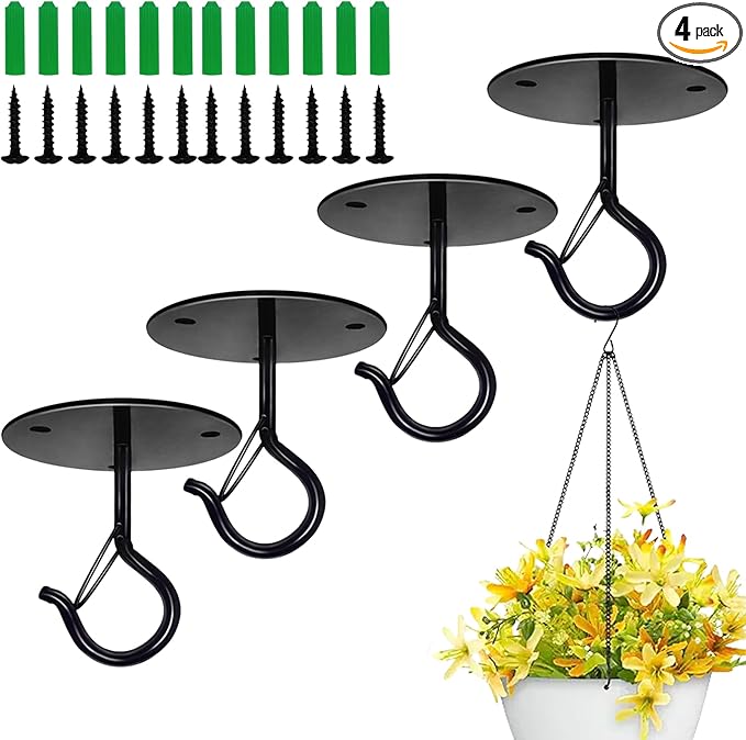 4 Pcs Black Ceiling Hooks for Hanging Plants Holder with Safety Buckle,Ceiling Decor Hook Heavy Duty,Metal Plant Hanger Indoor&Outdoor.Hooks for Hanging Plants,Wind Chime,Bird Feeders (Black)