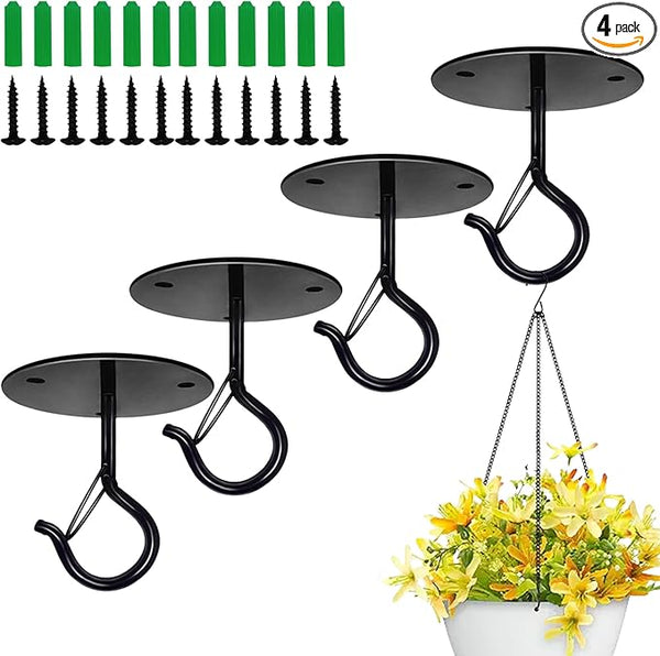 4 Pcs Black Ceiling Hooks for Hanging Plants Holder with Safety Buckle,Ceiling Decor Hook Heavy Duty,Metal Plant Hanger Indoor&Outdoor.Hooks for Hanging Plants,Wind Chime,Bird Feeders (Black)