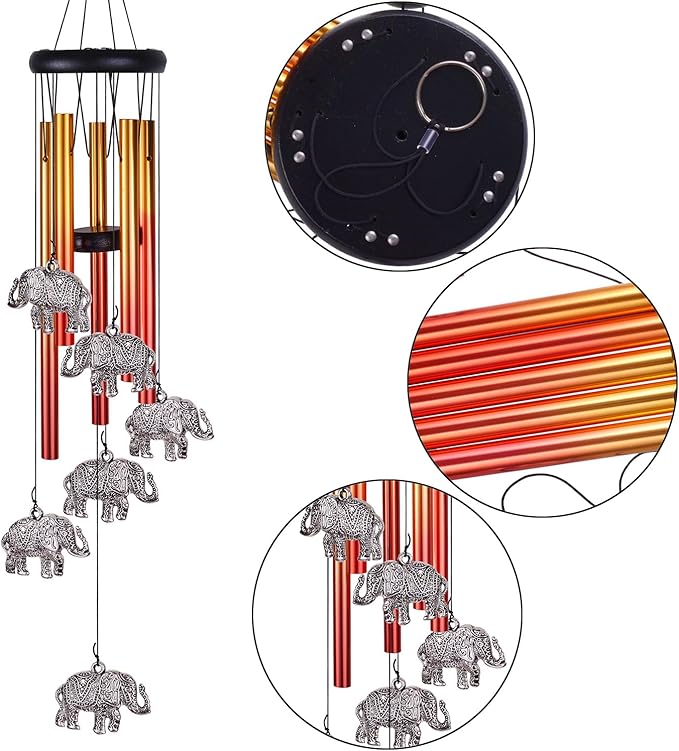 Elephant Wind Chimes Outdoor/Indoor Decor - Pure Hand-Made Mobile Romantic Wind Catcher, 28" Elephants Wind Chimes for Home, Xmas, Gift for Mom, Balcony, Patio, Garden Decoration(6 Elephants, 5 Tubes)