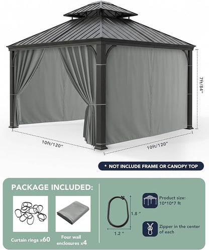 Gazebo Curtains Outdoor Waterproof - 10'Wx10'Lx7'H Weatherproof Patio Pergola Outside Curtains, Gazebo Universal Replacement Privacy Curtains, 4 Panels Sidewall Drapes with Zipper, Grey