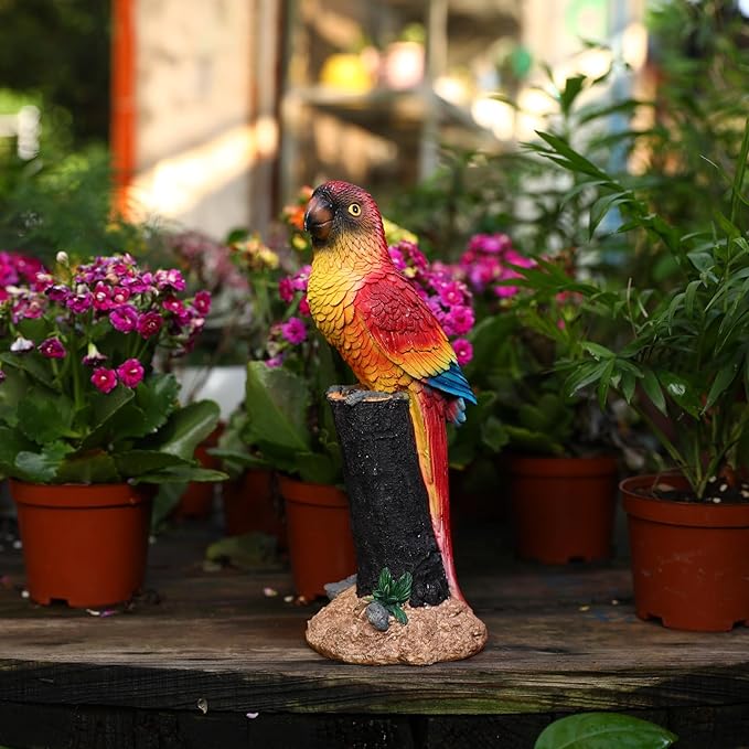 Macaw Parrot Garden Statue, 10.6" Hand-Painted Tropical Bird Figurine, Decorative Art Deco Accent for Patio and Home, Lifelike Design (Red)
