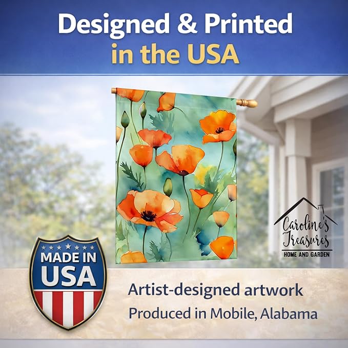 Caroline's Treasures California California Poppies in Watercolor House Flag Large Porch Sleeve Pole Decorative Outside Yard Banner Artwork Wall Hanging, Polyester, House Size, Multicolor