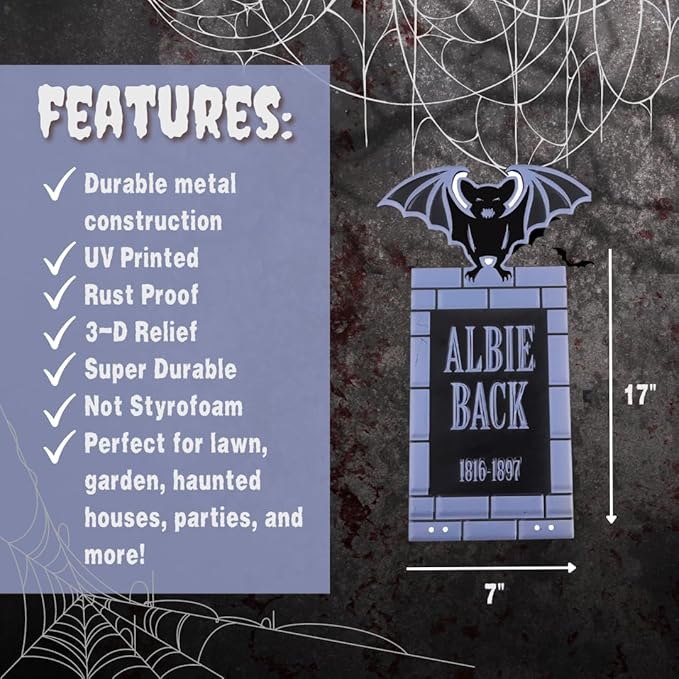 SCS Direct 3-D Metal Halloween Ghost Cemetery XL 17" Tombstone w Stakes -Albie Back- Durable, Rustproof, UV Raised Printing-Upgrade Your Haunted House Mansion w Cemetary Lawn Decor