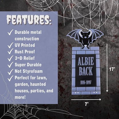 SCS Direct 3-D Metal Halloween Ghost Cemetery XL 17" Tombstone w Stakes -Albie Back- Durable, Rustproof, UV Raised Printing-Upgrade Your Haunted House Mansion w Cemetary Lawn Decor