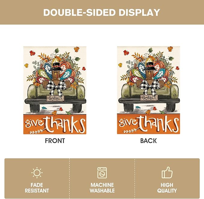 AVOIN colorlife Give Thanks Thanksgiving House Flag 28x40 Inch Double Sided Outside, Gobble Turkey Truck Rustic Yard Outdoor Flag