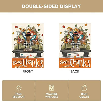 AVOIN colorlife Give Thanks Thanksgiving House Flag 28x40 Inch Double Sided Outside, Gobble Turkey Truck Rustic Yard Outdoor Flag