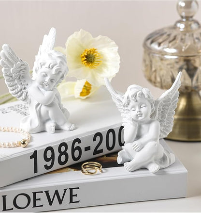 YUEOECOR 2PCS Cherubs Angels Resin Garden Statue Figurine, Adorable Angel Sculpture Memorial Statue Indoor Outdoor Home Garden Decoration (B 2PCS White)