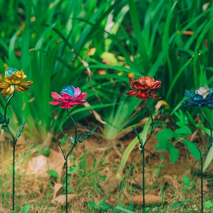 Viveta 4 Pack Flower Garden Stakes Decor, 12.9 inch Metal Flowers Outdoor Decor Waterproof Metal Flower Sticks for Patio, Lawn, Yard Decorations