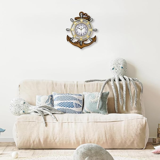 Anchor Outdoor Clock, Nautical Ship Wheel Rudder Wall Clock, Beach Sea Style Decorative Clock for Patio, Pool, Porch (Vintage+Gold+Silver)