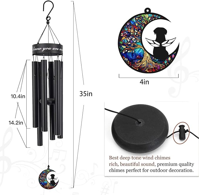 35" Pet Memorial Wind Chime, Pet Sympathy Gift for Loss of Dog, Dog Memorial Wind Chime with Stained Moon, Hand Tuned Aluminum Wind Chimes for Outdoor Garden Porch Remembrance Decor, Black