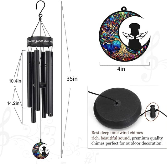 35" Pet Memorial Wind Chime, Pet Sympathy Gift for Loss of Dog, Dog Memorial Wind Chime with Stained Moon, Hand Tuned Aluminum Wind Chimes for Outdoor Garden Porch Remembrance Decor, Black