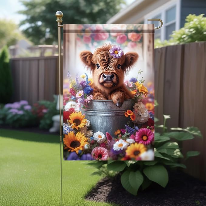 Highland Cow Garden Flags For Outside 12x18 Double Sided Rustic Farmhouse Floral Spring Summer Welcome Yard Sign Decor Cute Gifts For Women Mom Mothers Day Outdoor Lawn Ornament