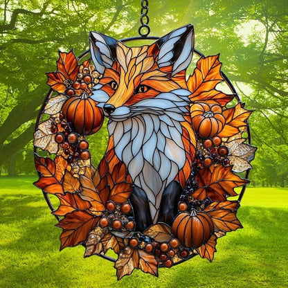 Autumn Cute Fox Acrylic Suncatcher Stained Glass Effect Window Car Hanging Christmas Ornament Indoor Outdoor Decor Garden Sun Catcher Panel for Fox Lover for Women Mom Grandma