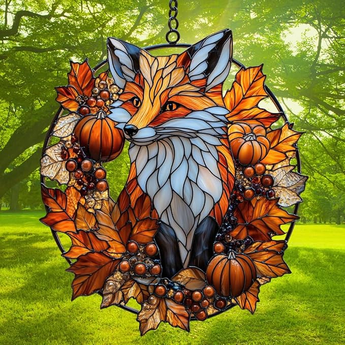 Autumn Cute Fox Acrylic Suncatcher Stained Glass Effect Window Car Hanging Christmas Ornament Indoor Outdoor Decor Garden Sun Catcher Panel for Fox Lover for Women Mom Grandma