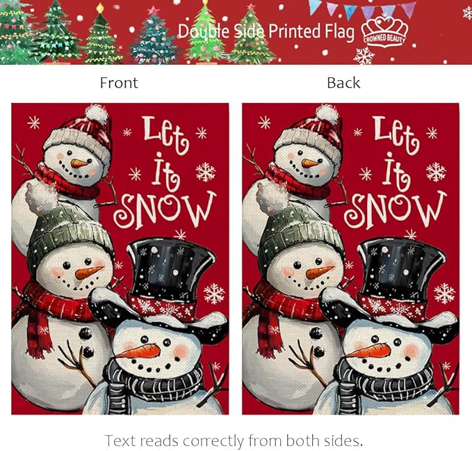 CROWNED BEAUTY Christmas Snowman House Flag 28x40 Inch Double Sided Red Xmas Let It Snow Decoration for Outside Yard CF1898-40
