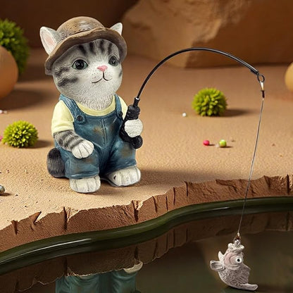 GARDEN WHISPER Cat Statue Outdoor Koi Pond Garden Decoration, Grey Cat Decor for Yard 7.1'' Fishing Tabby Statue Outdoor Garden Decor, Fishing Guy for Waterfalls or Koi Pond Additioanl, Gifts for Mom
