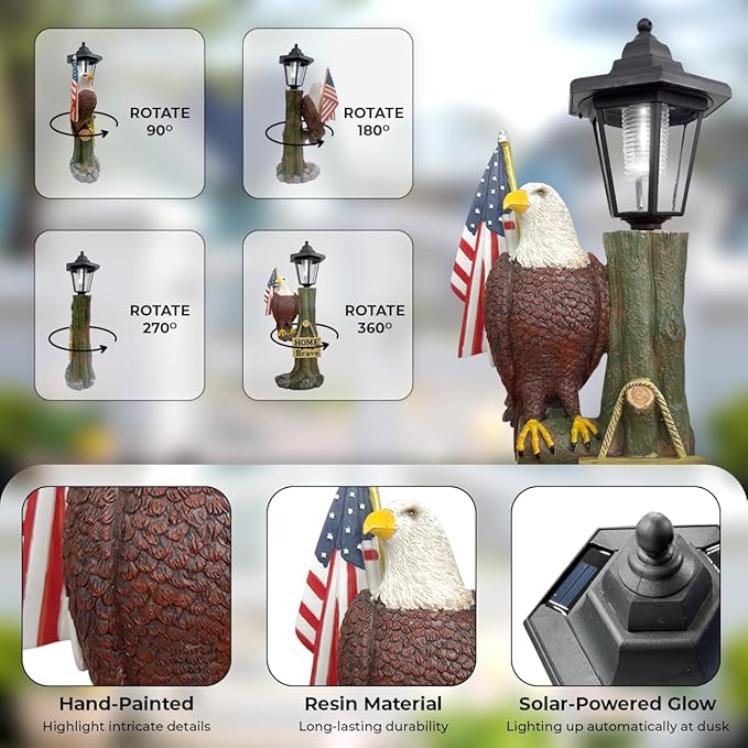 GENANY Bald Eagle Outdoor Solar Statue 14x6 Inch, Garden Decoration Outdoor Waterproof, Eagle Statue with American Flag for Patios, Yards and Gardens