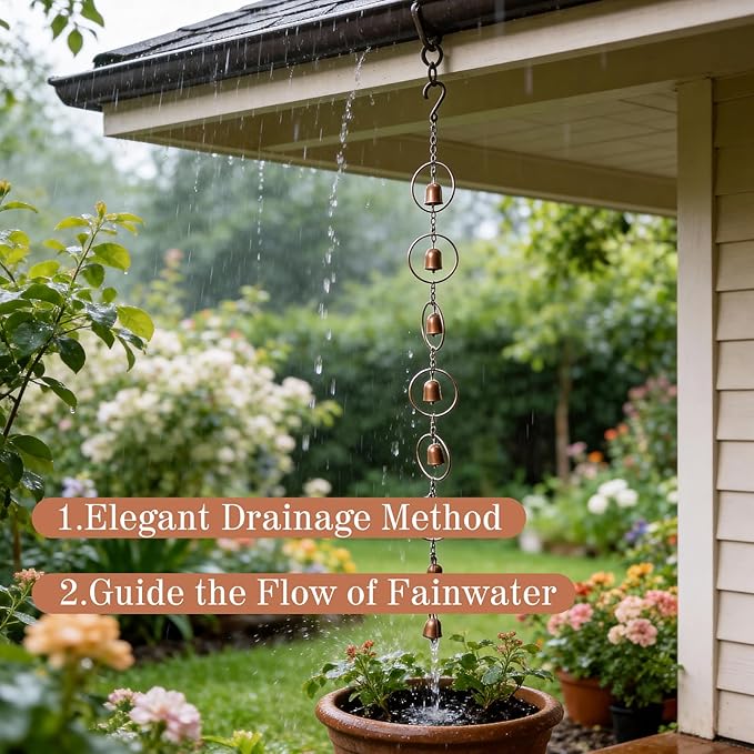 Hanging Rain Chime Metal Rain Chain Garden Wind Chimes Decorative Bell Musical Rain Feng Shui Good Luck Chimes for Gutter Drainage Home Outside Decor