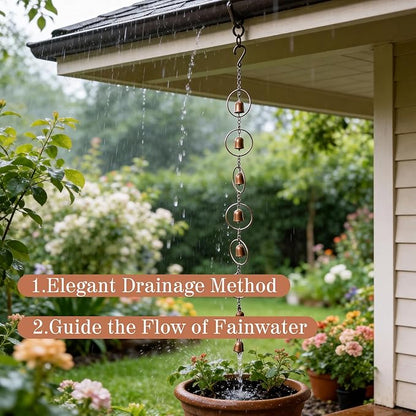 Hanging Rain Chime Metal Rain Chain Garden Wind Chimes Decorative Bell Musical Rain Feng Shui Good Luck Chimes for Gutter Drainage Home Outside Decor