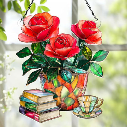 Jesuspirit - Window Hanging Suncatcher – Crystal Clear Acrylic & Wood Sun Catcher for Home Decor, for Women (Nostalgic Roses, Books, and Tea, 8 Inches)