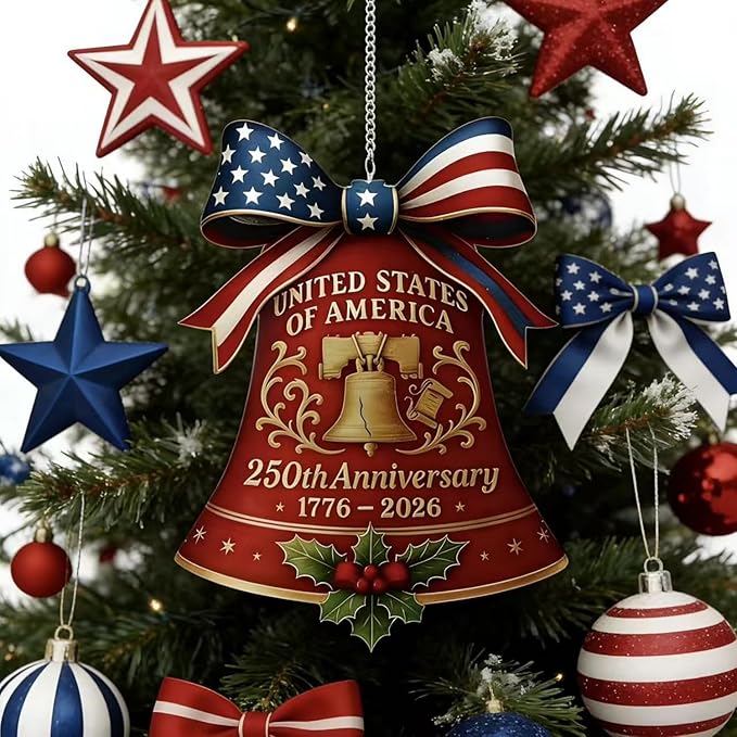 July 4th 250th Anniversary Ornament,Bell Sun Catcher Hanging,Red with America Flag Designs Bow Patriotic Christmas Ornaments,Full Cover Acrylic Suncatchers for Windows Decor Party Supplies for Garden