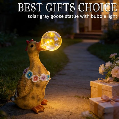 Porch Goose Statue with Solar Bubble Light Garden Yellow Figurine Decor for Yard Lawn Patio Outdoor Decorations Housewarming Gifts for Mom Grandma Women