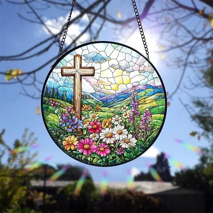 8 Inch Stained Glass Cross Suncatcher for Window Hanging, Stained Glass Windows Hanging Religious Gifts for Women, Sun Catcher for Home Garden Decor, Baptism, Memorial (Cross & Wildflowers)