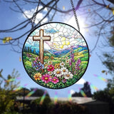 8 Inch Stained Glass Cross Suncatcher for Window Hanging, Stained Glass Windows Hanging Religious Gifts for Women, Sun Catcher for Home Garden Decor, Baptism, Memorial (Cross & Wildflowers)