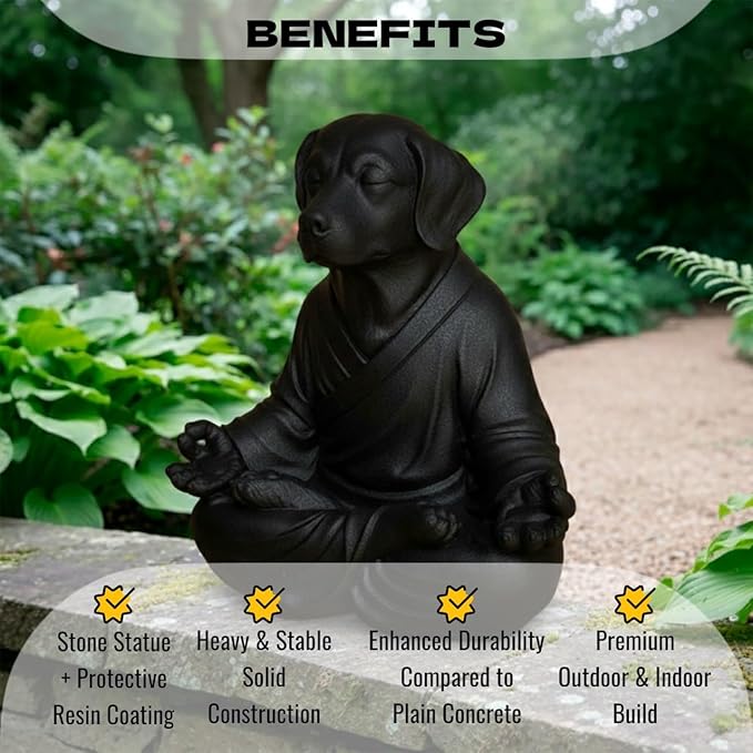 OLOMA Heavy Solid Concrete Dog Statue Meditation Inspired Stone Sculpture with Protective Resin Coating Outdoor Indoor Decor Accent for Garden and Interior Setting Decorative Garden Accent Feature