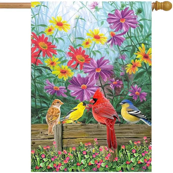 Cardinal Spring Summer House Flag Birds Floral Garden Flags 28x40 Double Sided, Large Burlap Yard Flags for Outside Seasonal Decoration