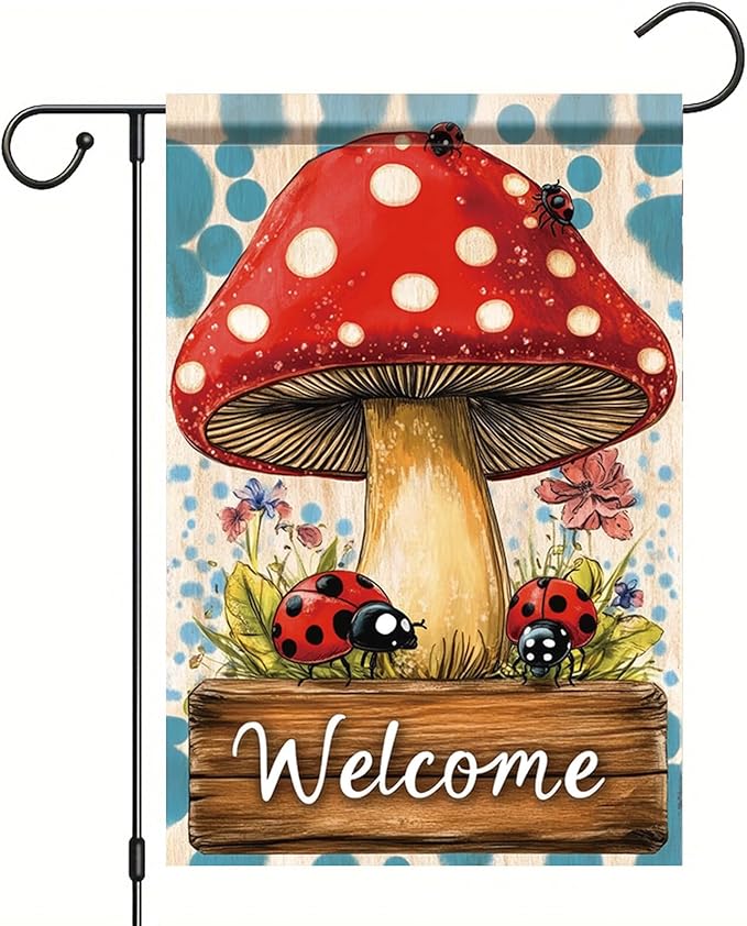Spring Summer Garden Flag 12x18 Inch Mushroom Ladybug Welcome Woodland Floral Design Outdoor Yard Porch Lawn Garden for Seasonal Farmhouse Cottage Home Decor