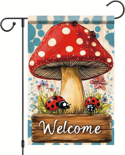 Spring Summer Garden Flag 12x18 Inch Mushroom Ladybug Welcome Woodland Floral Design Outdoor Yard Porch Lawn Garden for Seasonal Farmhouse Cottage Home Decor