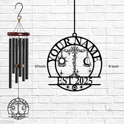 Personalized Customize Name 12 Zodiac Signs Wind Chime, Metal Iron 37 Inch Outdoor Memorial Gift for Garden Yard Patio Home Decor, Black (Libra)