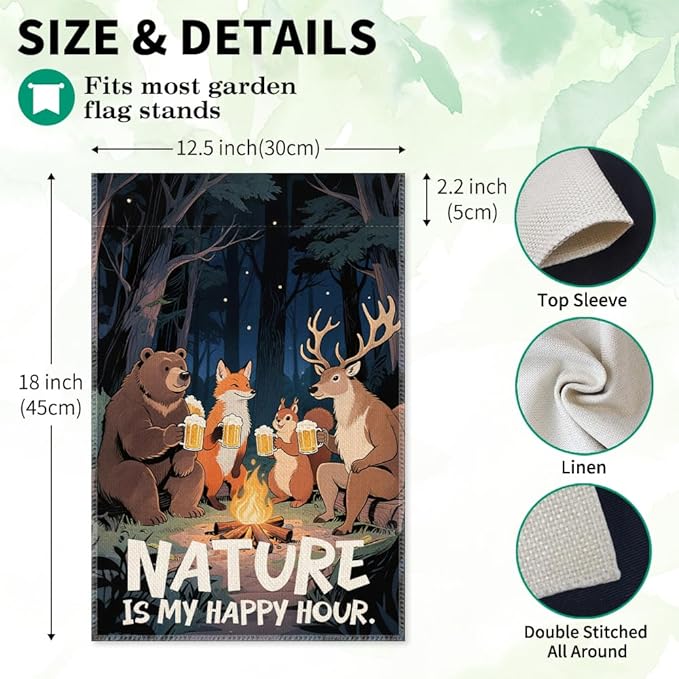 Nature Is My Happy Hour Garden Flag, Double Sided Farmhouse Lawn Outdoor Decor Yard Flags Gifts, Funny Campsite Yard Flag Gifts for Camping Lover, 12x18 In, Forest Animal Banner For Camper